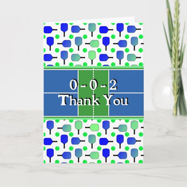 Pickleball Party Blue Green Paddles and Balls Thank You Card (Front)