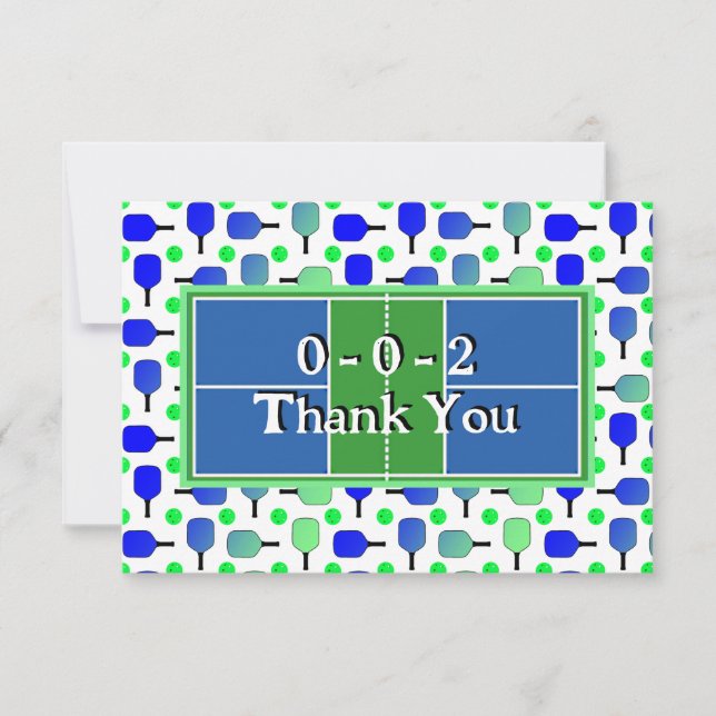 Pickleball Party Blue Green Paddles and Balls Thank You Card (Front)