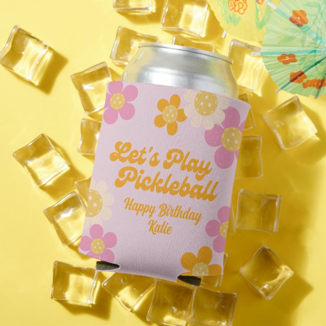 Pickleball Party Groovy Retro Pink Orange Flowers  Can Cooler (In Situ Summer)