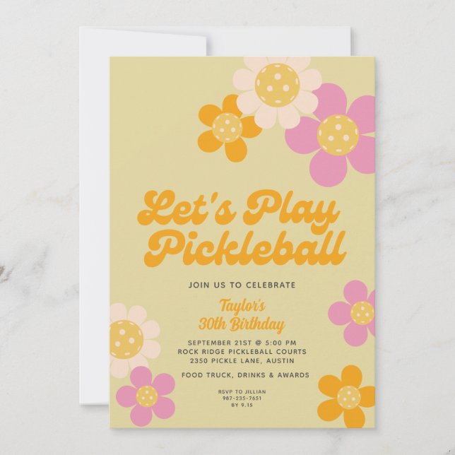 Pickleball Party Groovy Retro Pink Orange Flowers  Invitation (Front)