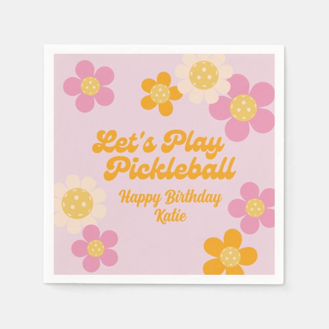 Pickleball Party Groovy Retro Pink Orange Flowers  Napkin (Front)