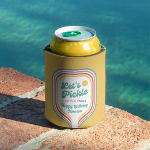 Pickleball Party Let's Pickle Retro Rainbow Stripe Can Cooler