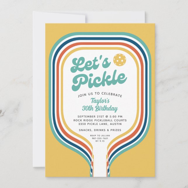 Pickleball Party Let's Pickle Retro Rainbow Stripe Invitation (Front)
