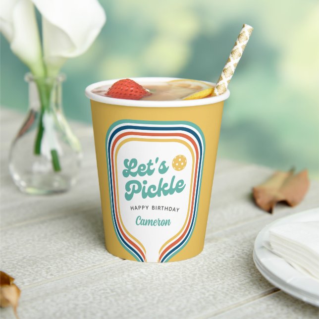 Pickleball Party Let's Pickle Retro Rainbow Stripe Paper Cups (Insitu)