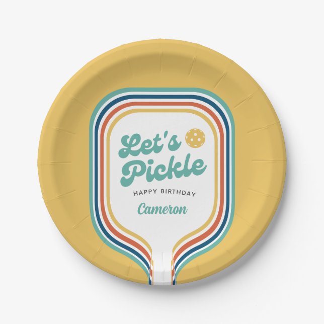 Pickleball Party Let's Pickle Retro Rainbow Stripe Paper Plate (Front)