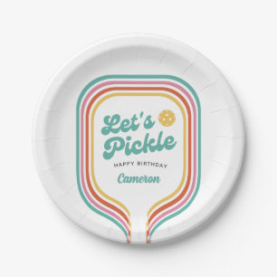 Pickleball Party Let's Pickle Retro Rainbow Stripe Paper Plate