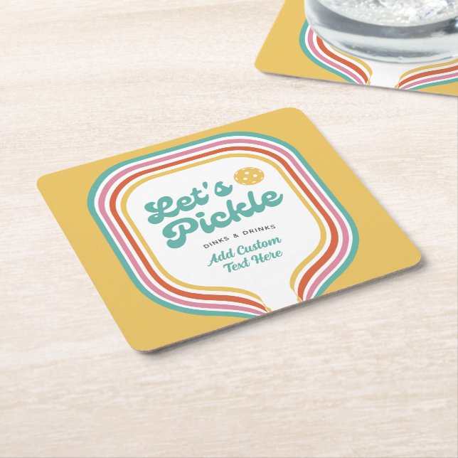 Pickleball Party Let's Pickle Retro Rainbow Stripe Square Paper Coaster (Angled)