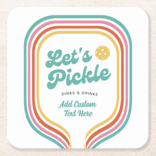 Pickleball Party Let's Pickle Retro Rainbow Stripe Square Paper Coaster