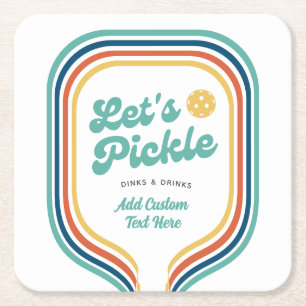 Pickleball Party Let's Pickle Retro Rainbow Stripe Square Paper Coaster