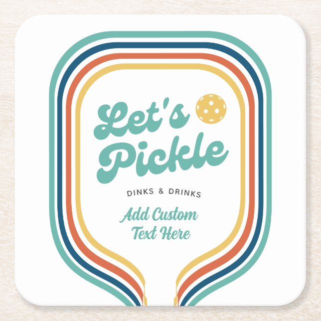 Pickleball Party Let's Pickle Retro Rainbow Stripe Square Paper Coaster (Front)