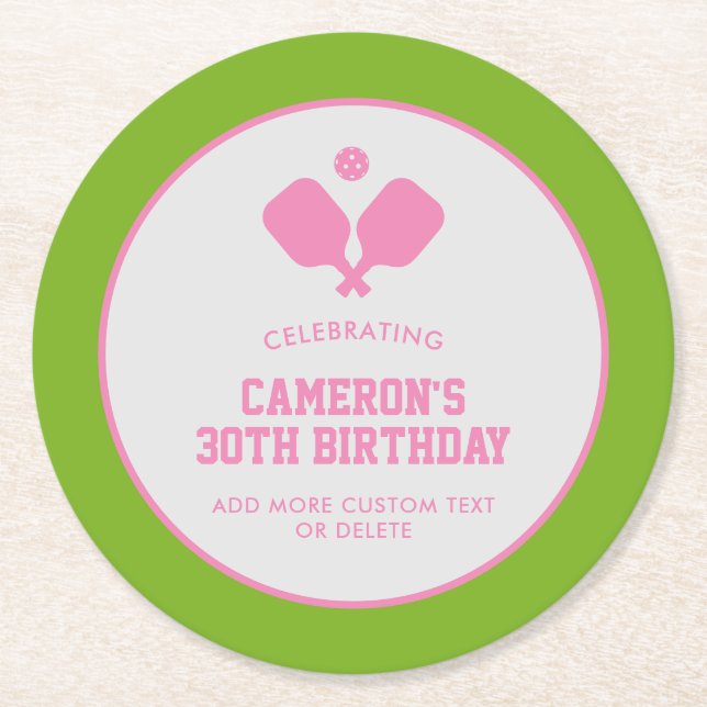 Pickleball Party Paddles Pink Green Custom Round Paper Coaster (Front)