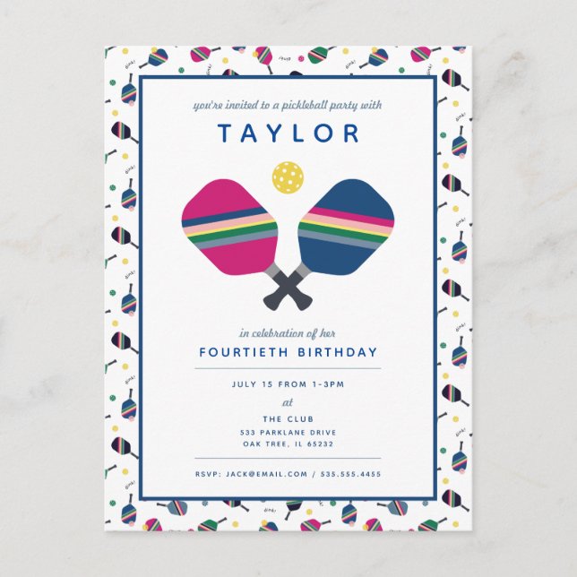 Pickleball Party Sports Blue Green Invitation Postcard (Front)