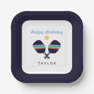 Pickleball Party Sports Dark Blue Striped Paddles  Paper Plate