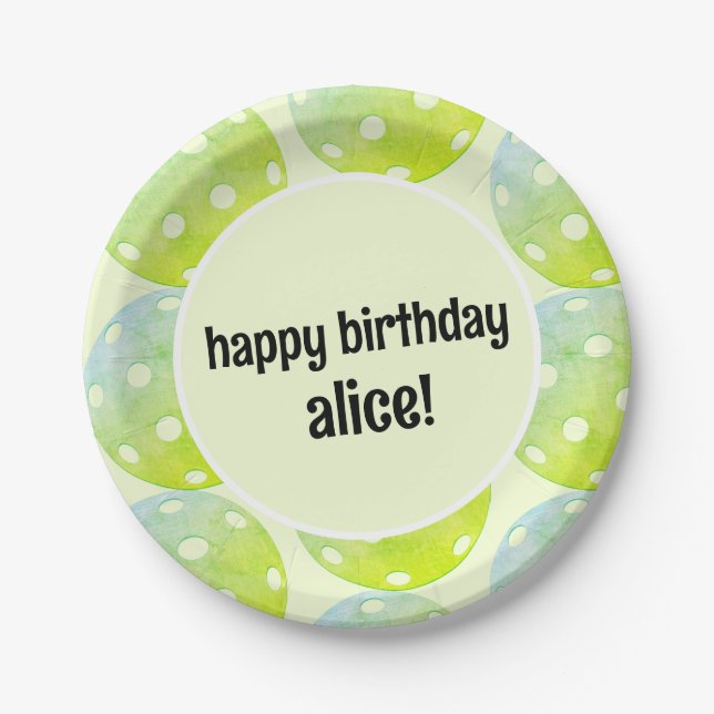 Pickleball Party Sports Green Custom Name Paper Plate (Front)