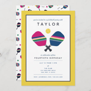 Pickleball Party Sports Yellow Green Striped  Invitation