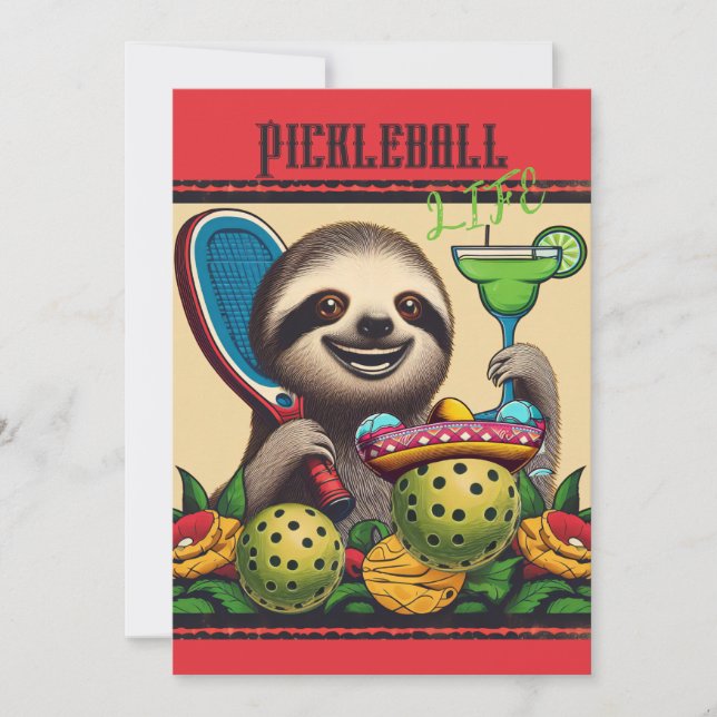 Pickleball Party Tournament Invitations Sloth (Front)