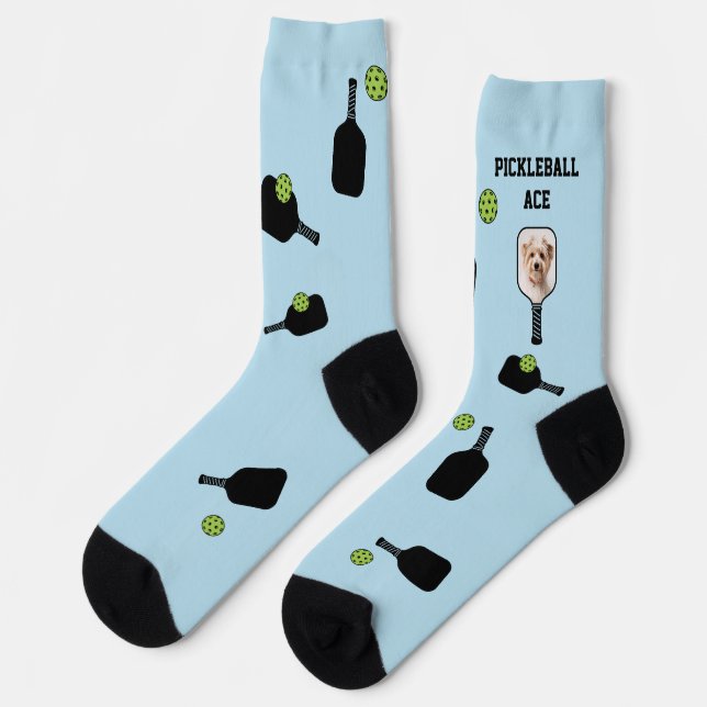 Pickleball Pattern Pet Photo Blue Personalised Socks (Left)