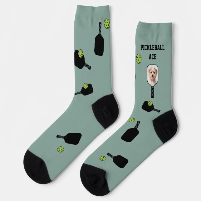 Pickleball Pattern Pet Photo Green Personalised Socks (Left)