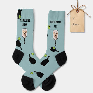 Pickleball Pattern Pet Photo Teal Personalized Socks