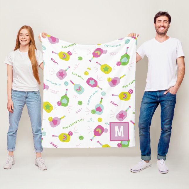 Pickleball Personalised Monogram Blue Green Pink Fleece Blanket (In Situ)