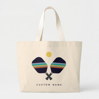 Pickleball Personalised Name Striped Paddles Blue  Large Tote Bag