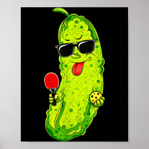 Pickleball pickle with sunglasses, paddle &amp; poster