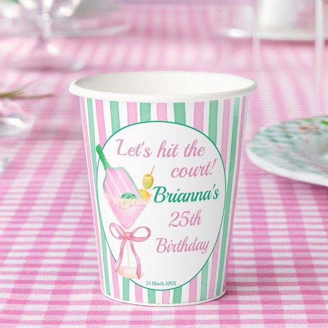 Pickleball pink and green birthday party custom paper cups (Pickleball pink and green birthday party personalized  paper cups  sports party supplies)