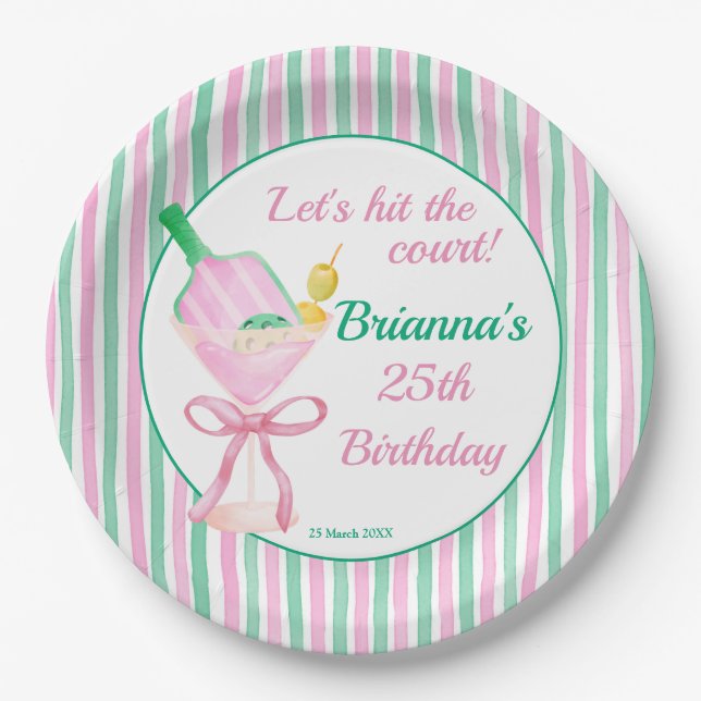 Pickleball pink and green birthday party custom paper plate (Front)