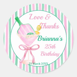 Pickleball pink and green birthday party favour classic round sticker