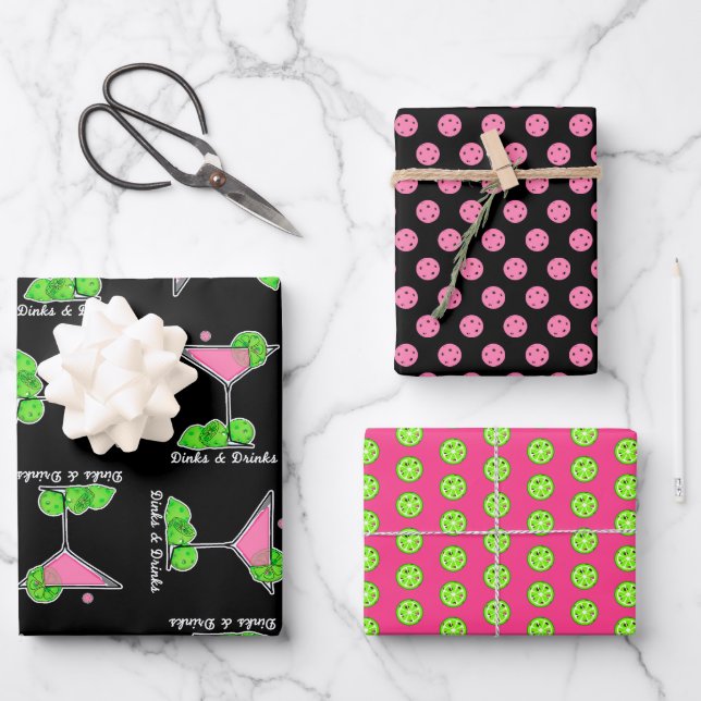  Pickleball Pink Green Dinks & Drinks Cocktails Wrapping Paper Sheet (Front)