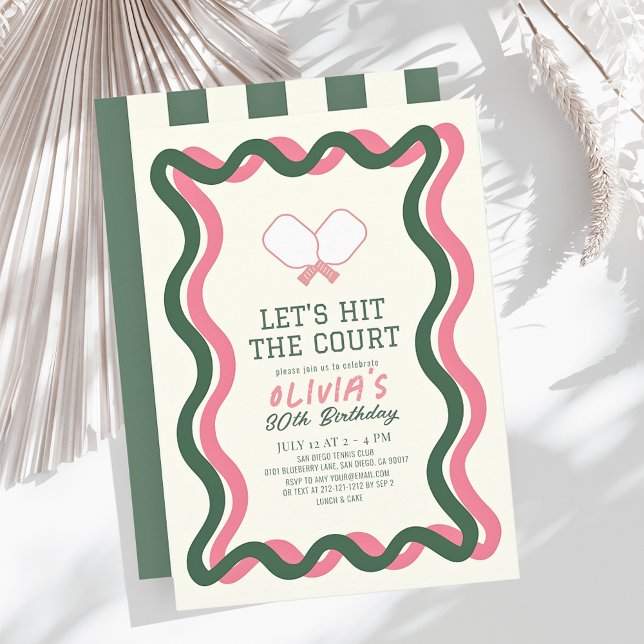 Pickleball Pink & Green Stripes Adult Birthday Invitation (Creator Uploaded)