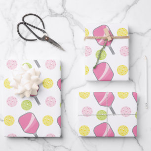 Pickleball Pink Green & Yellow Paddle and Balls Wrapping Paper Sheet