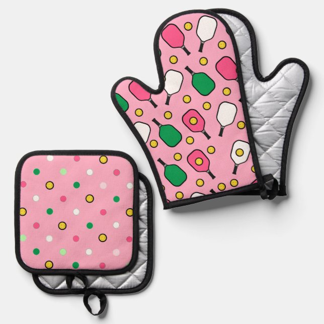 Pickleball Pink Oven Mitt & Pot Holder Set (Front/Back)