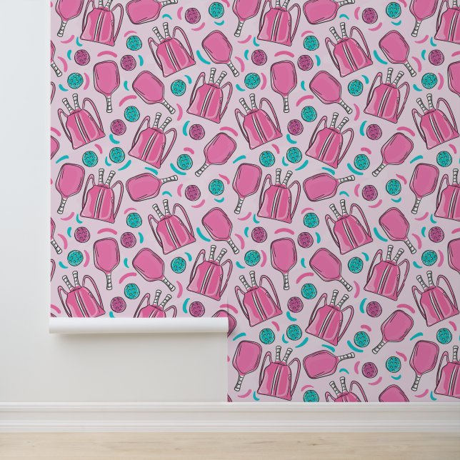 Pickleball Pink Paddle Blue Pink Ball Preppy Wallpaper (Application)