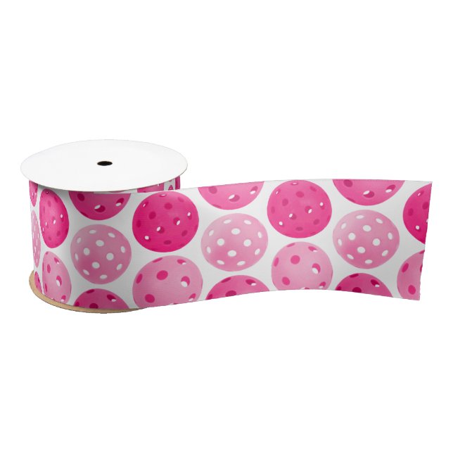 Pickleball Pink & White Pickleballs  Satin Ribbon (Spool)