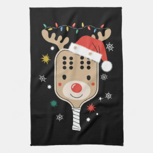 Pickleball Player Christmas Holiday Reindeer Xmas  Tea Towel