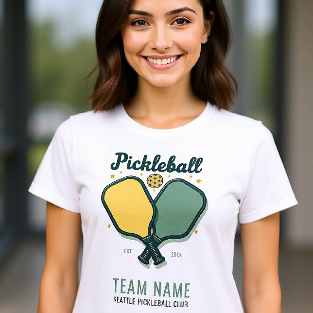 Pickleball Player Club Team Custom Yellow Green T-Shirt (pickleball personalized shirt emblem club team player vintage custom text name green yellow retro)