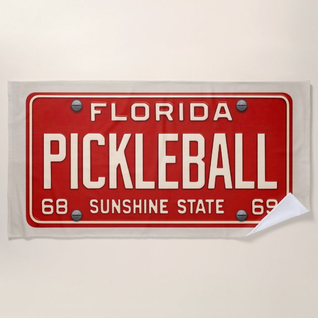 Pickleball Player Fan Retro Florida License Plate Beach Towel (Front)