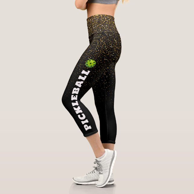 Pickleball Player Personalised Black Gold Glitter Capri Leggings (Left)