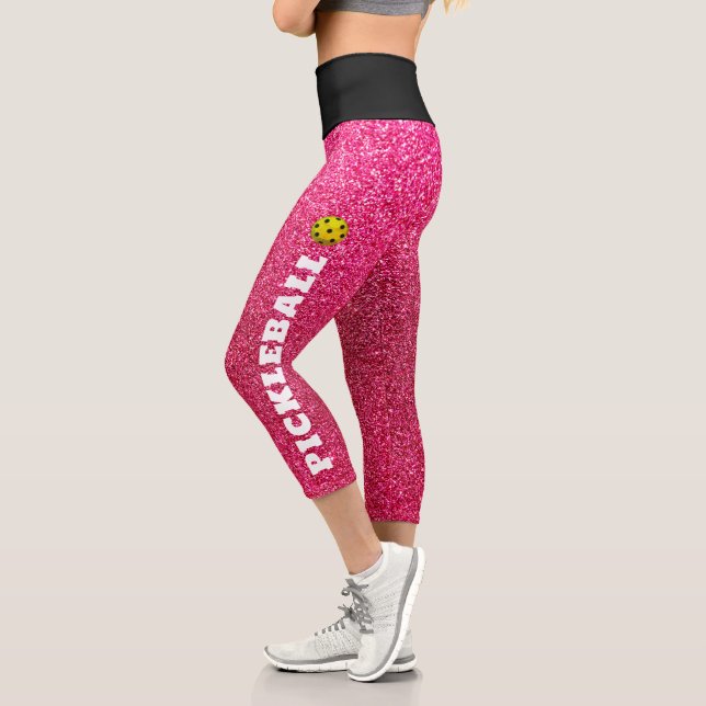 Pickleball Player Personalised Black Pink Glitter Capri Leggings (Left)