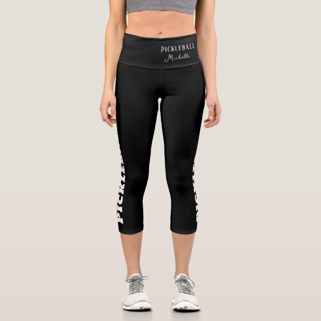 Pickleball Player Personalised Name Black White  Capri Leggings (Front)