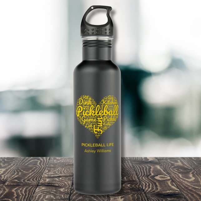 Pickleball Player Personalised Name Heart Design 710 Ml Water Bottle (Add Text and Name to personalize.  Matching items available)