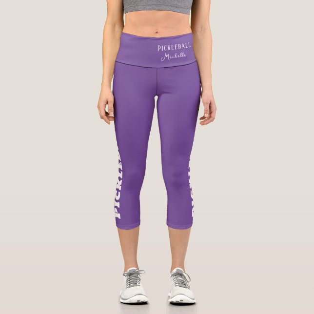 Pickleball Player Personalised Name Purple White Capri Leggings (Front)