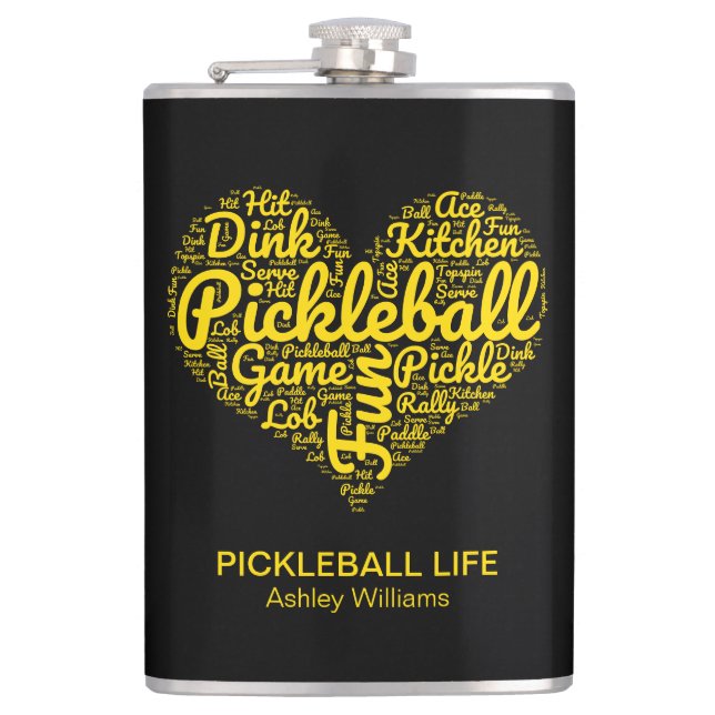 Pickleball Player Personalised Word Art Typography Hip Flask (Front)