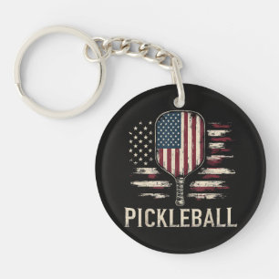 Pickleball Player US Flag Retro Paddleball Key Ring