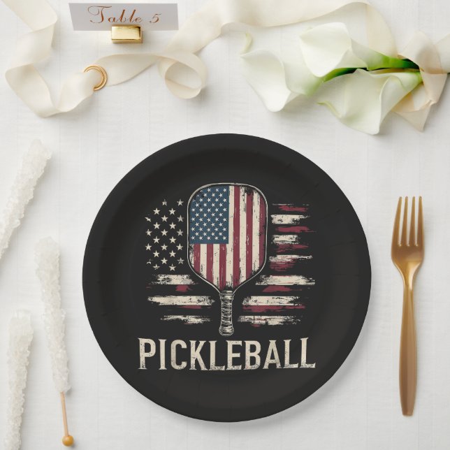 Pickleball Player US Flag Retro Paddleball Paper Plate (Wedding)