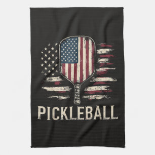 Pickleball Player US Flag Retro Paddleball Tea Towel
