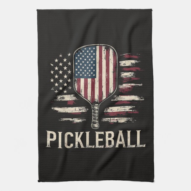 Pickleball Player US Flag Retro Paddleball Tea Towel (Vertical)
