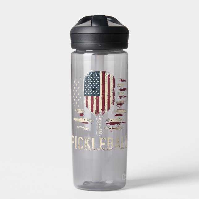 Pickleball Player US Flag Retro Paddleball Water Bottle (Front)