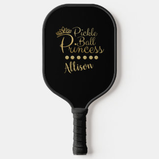 Pickleball Princess Black Gold Custom Name Elegant Paddle